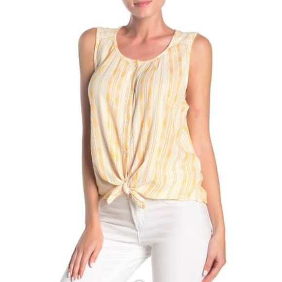Lucky Brand Sleeveless Button Front Tie Front Stripe Scoop Neck Gold White L NWT - Picture 2 of 8